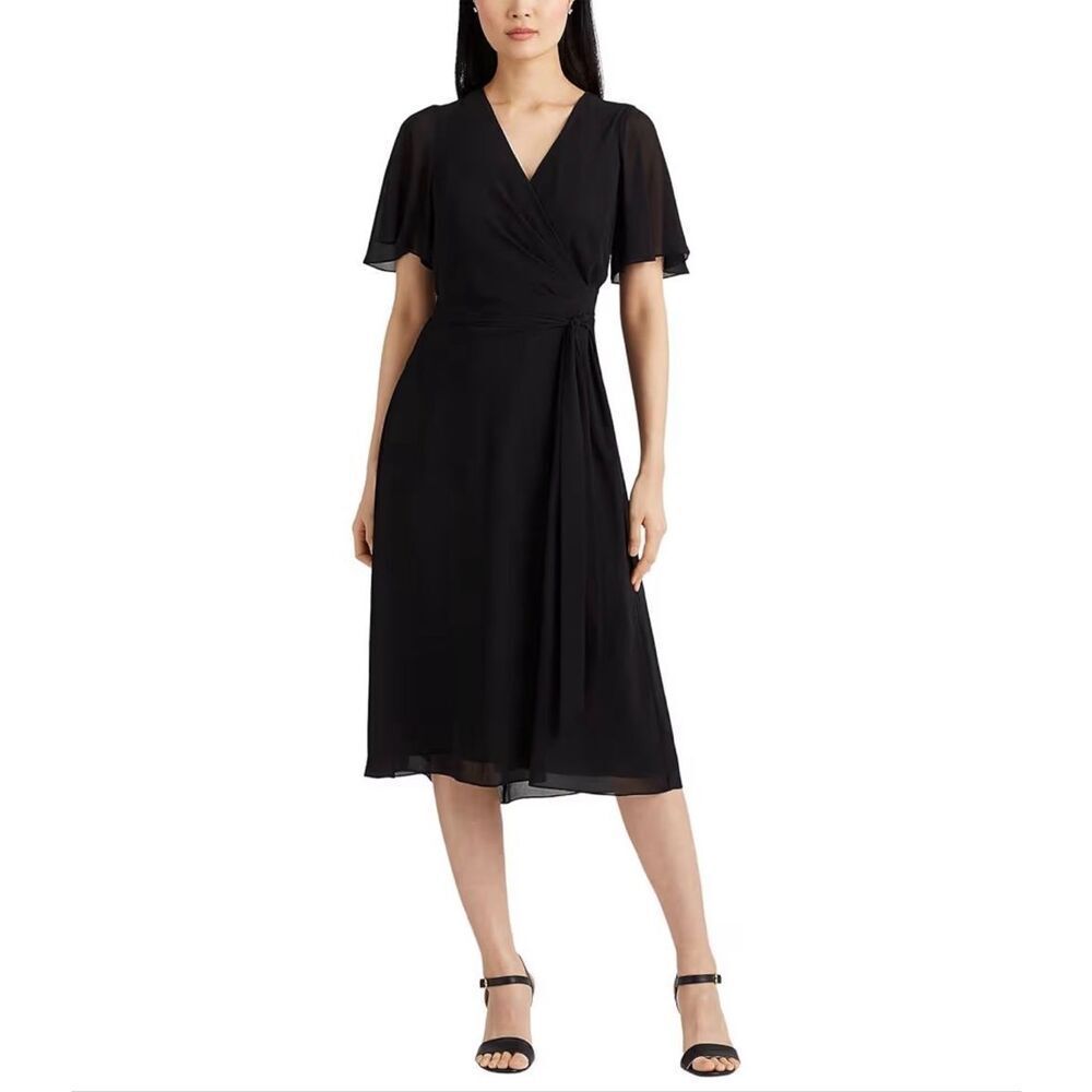 Lauren Ralph Lauren Whimsical Belted Flutter Sleeve Georgette Dress Black 4